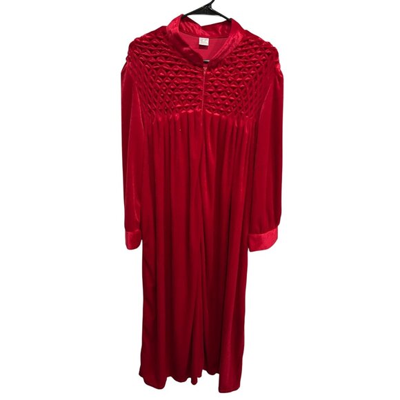 Vintage Red Velvet Smocked Long Sleeve Robe Mandarin Collar Zipper Front - Picture 1 of 9